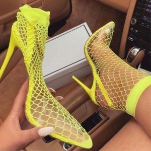 Fishnet Slingback Heels in Neon Yellow